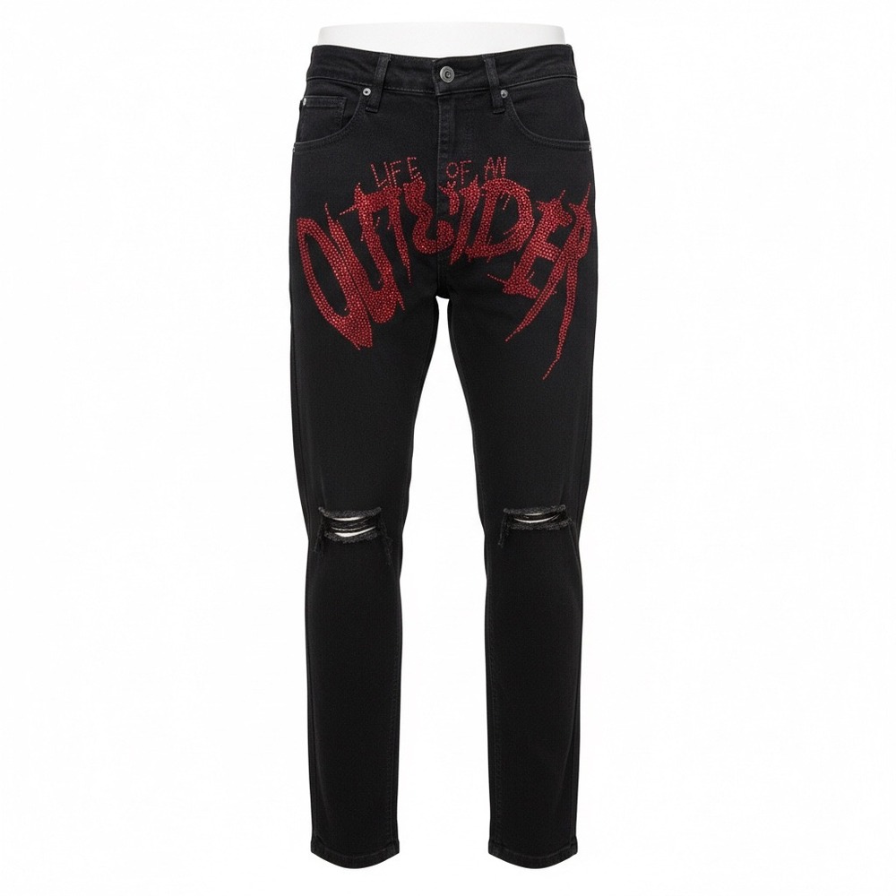 Outsider Black Denim Jeans Mens 29 Blood‎ Rhinestone Distress Slim Fit